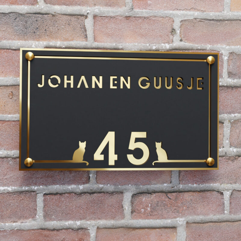 naambord rechthoek tweelaags kader kat goud2 afstandhouders