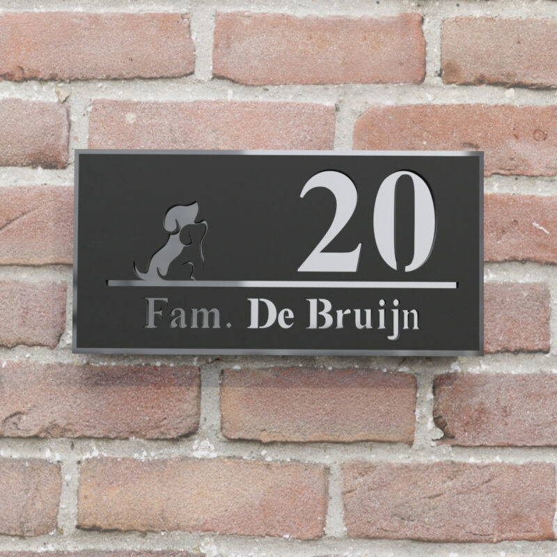 naambord rechthoek met hond zwart-zilver blind