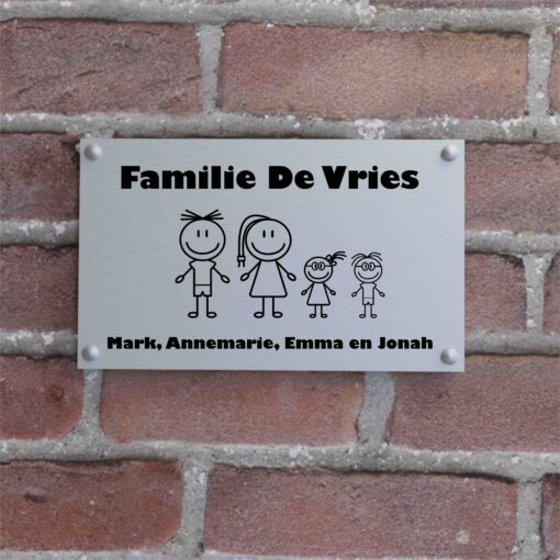 aluminium naambord 25x15 cartoon familie zilver afstandhouders