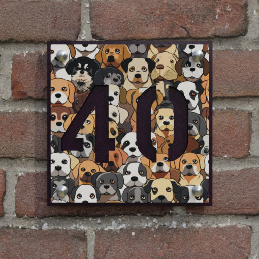 naambord vierkant print hond aubergine afstandhouders