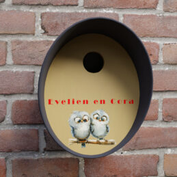 vogelhuisje blauw met rond gat gevel met bedrukking