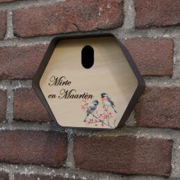 vogelhuisje hive blauw ovaal muur met opdruk