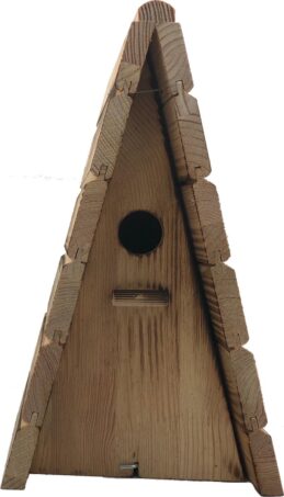 vogelhuis tipi gebrand hout vooraanzicht